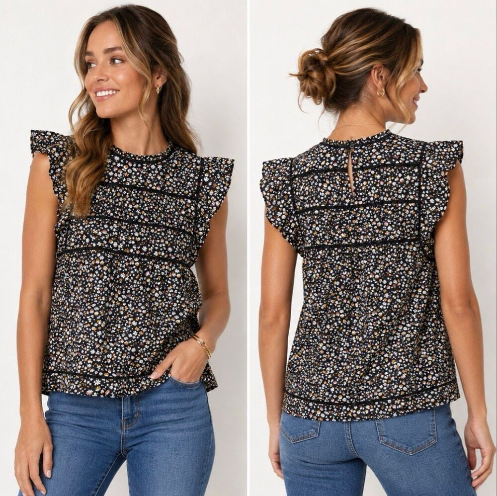 Rails Filomena Floral Top Womens Medium Black Mini Ruffle Cottagecore Romantic